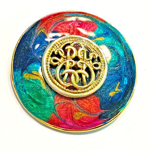 Vintage 1980's Brooch Round Goldtone Multicolor Enamel Finish Classic Boss Lady